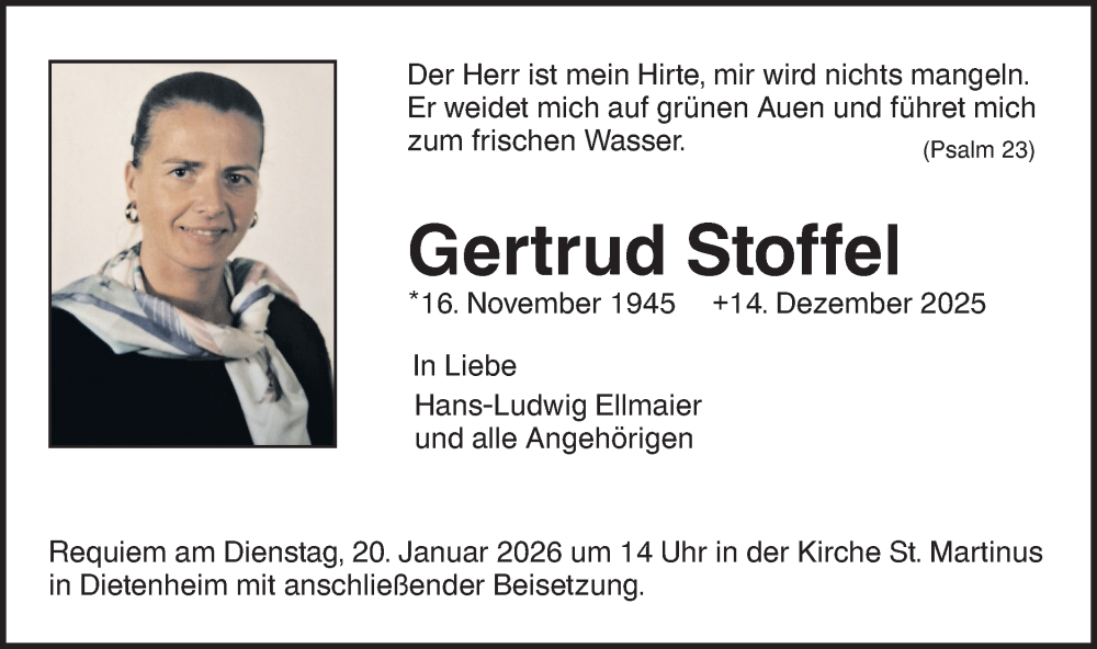  Traueranzeige für Gertrud Stoffel vom 14.01.2026 aus SÜDWEST PRESSE Ausgabe Ulm/Neu-Ulm