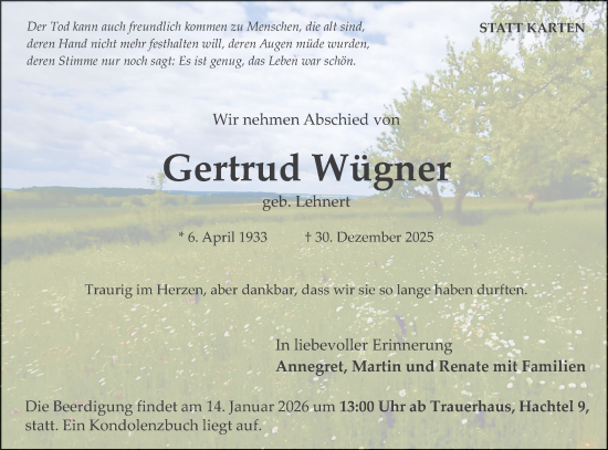 Traueranzeige von Gertrud Wügner von Hohenloher Tagblatt