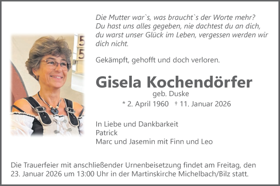 Traueranzeige von Gisela Kochendörfer von Haller Tagblatt