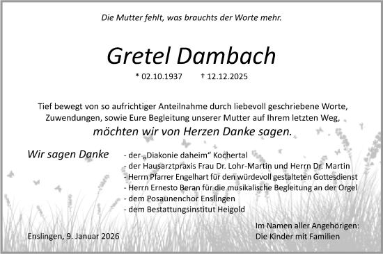 Traueranzeige von Gretel Dambach von Haller Tagblatt