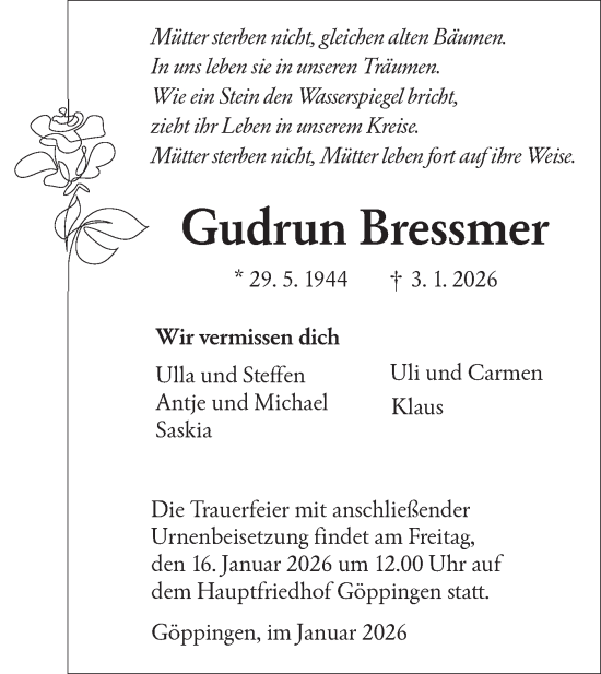 Traueranzeige von Gudrun Bressmer von NWZ Neue Württembergische Zeitung