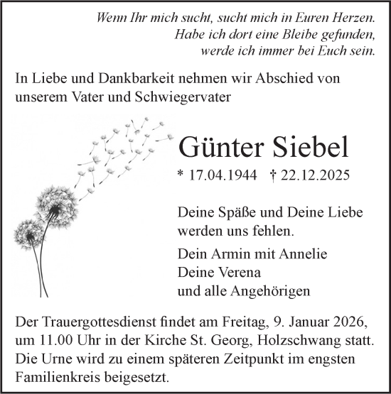 Traueranzeige von Günter Siebel von SÜDWEST PRESSE Ausgabe Ulm/Neu-Ulm