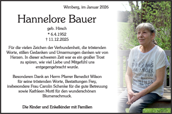 Traueranzeige von Hannelore Bauer von Rundschau Gaildorf