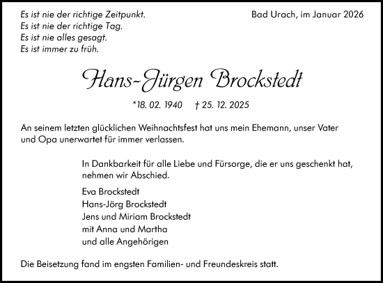Traueranzeige von Hans-Jürgen Brockstedt von Alb-Bote/Metzinger-Uracher Volksblatt
