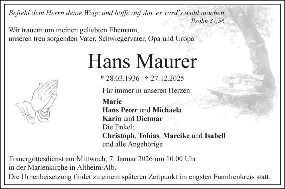  Traueranzeige für Hans Maurer vom 02.01.2026 aus SÜDWEST PRESSE Ausgabe Ulm/Neu-Ulm