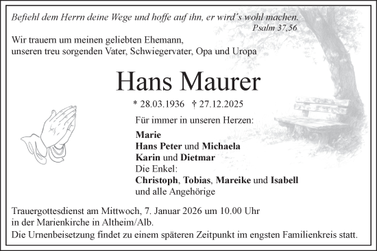 Traueranzeige von Hans Maurer von SÜDWEST PRESSE Ausgabe Ulm/Neu-Ulm