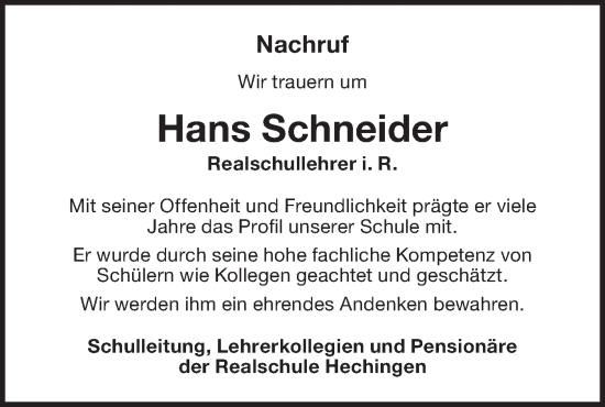 Traueranzeige von Hans Schneider von SÜDWEST PRESSE Zollernalbkreis/Hohenzollerische Zeitung