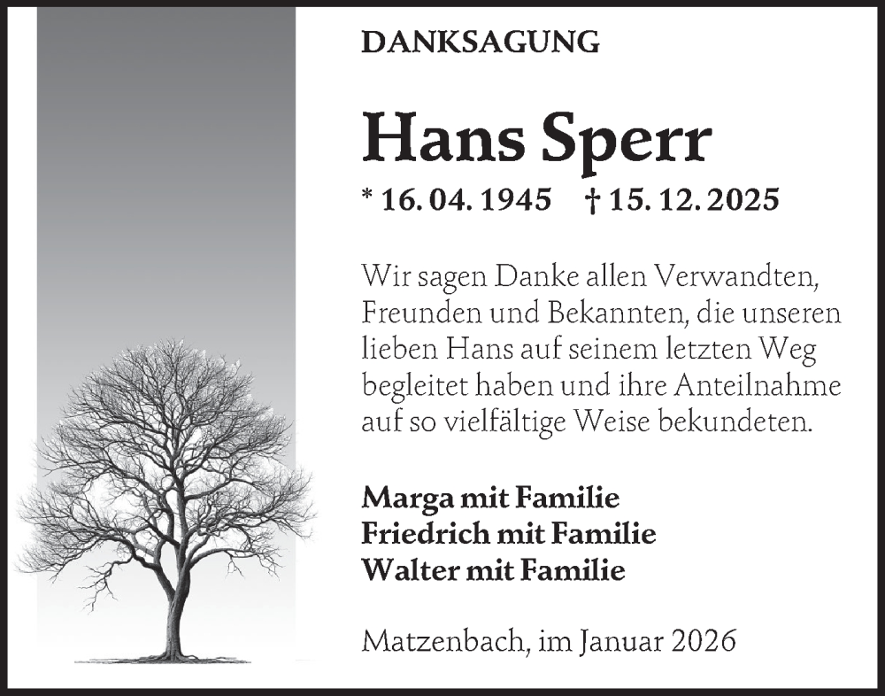  Traueranzeige für Hans Sperr vom 10.01.2026 aus Hohenloher Tagblatt