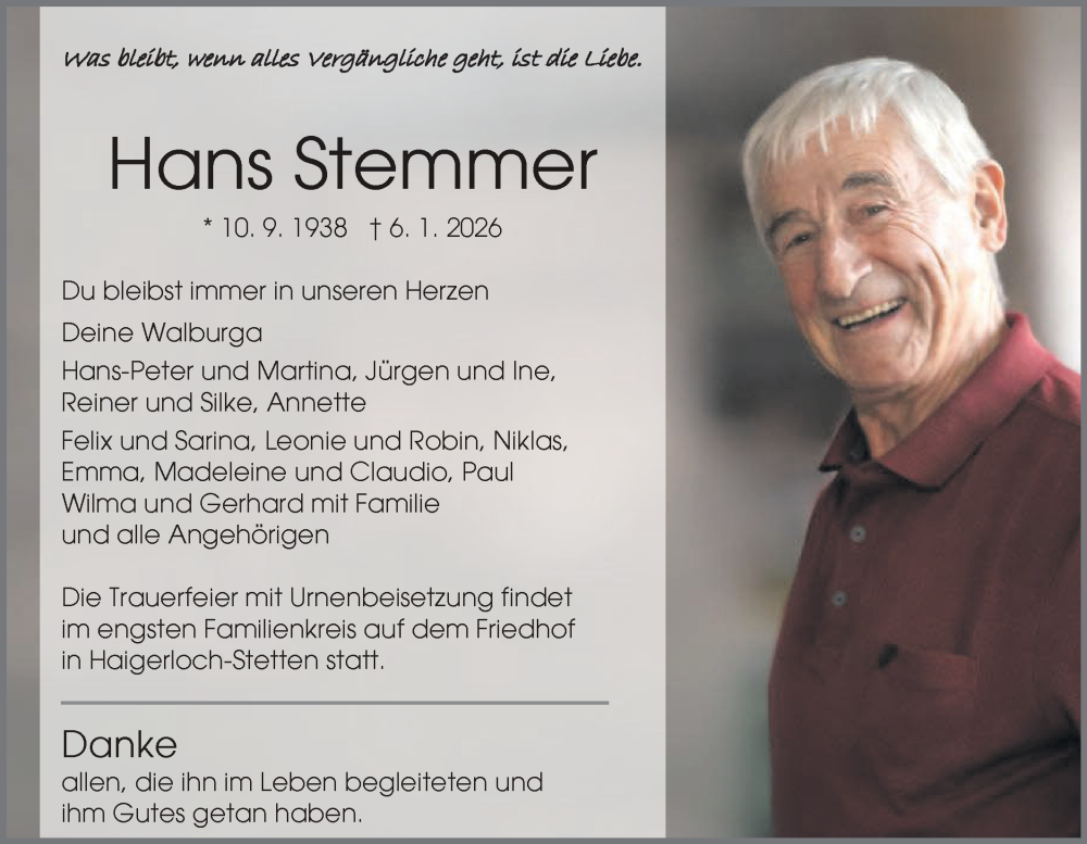  Traueranzeige für Hans Stemmer vom 10.01.2026 aus SÜDWEST PRESSE Zollernalbkreis/Hohenzollerische Zeitung