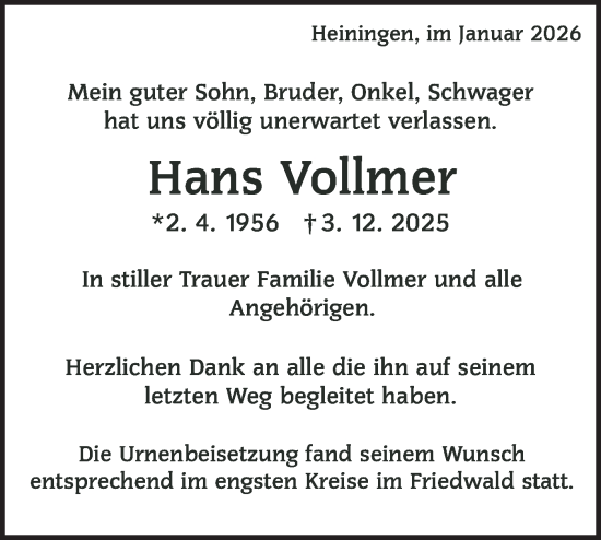 Traueranzeige von Hans Vollmer von NWZ Neue Württembergische Zeitung