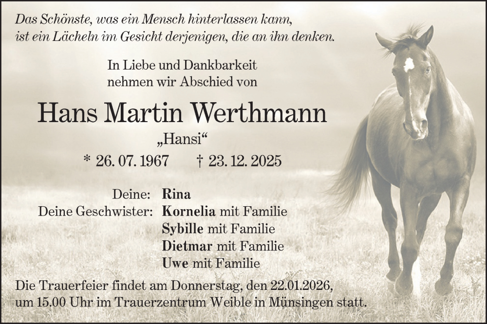  Traueranzeige für Hans Martin Werthmann vom 19.01.2026 aus Alb-Bote/Metzinger-Uracher Volksblatt