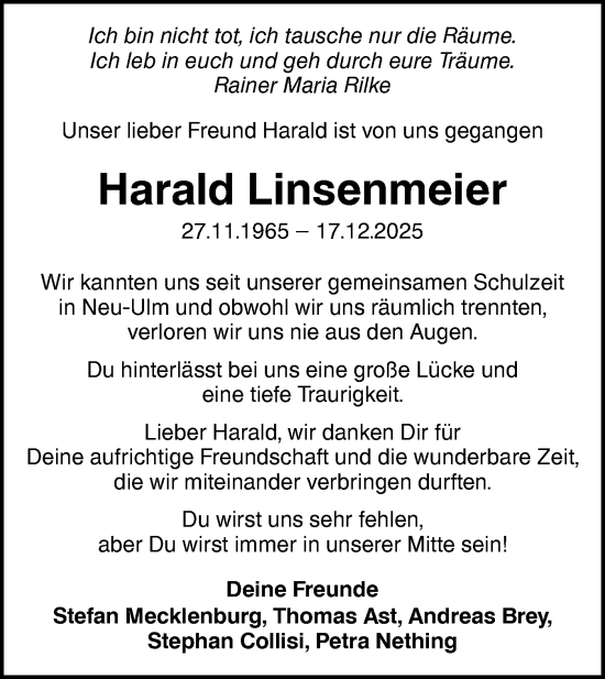 Traueranzeige von Harald Linsenmeier von SÜDWEST PRESSE Ausgabe Ulm/Neu-Ulm