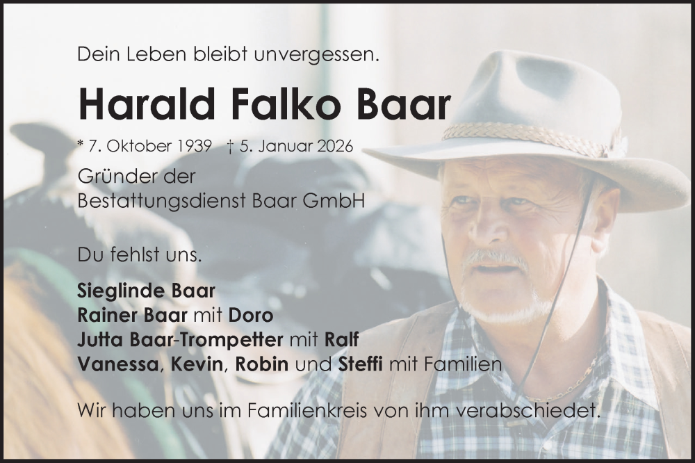  Traueranzeige für Harald Falko Baar vom 17.01.2026 aus SÜDWEST PRESSE Ausgabe Ulm/Neu-Ulm