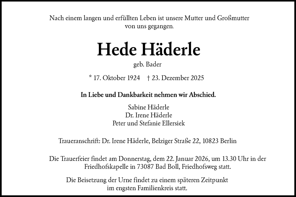  Traueranzeige für Hede Häderle vom 17.01.2026 aus NWZ Neue Württembergische Zeitung