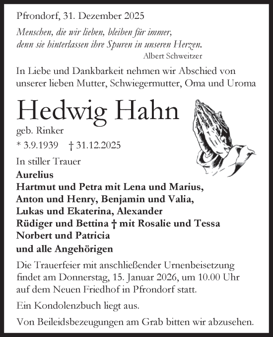 Traueranzeige von Hedwig Hahn von Schwäbische Tagblatt