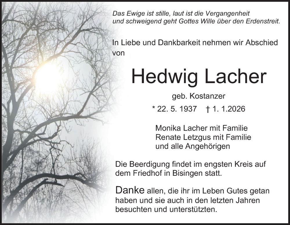  Traueranzeige für Hedwig Lacher vom 03.01.2026 aus SÜDWEST PRESSE Zollernalbkreis/Hohenzollerische Zeitung
