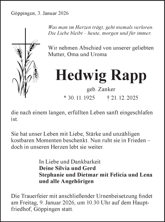 Traueranzeige von Hedwig Rapp von NWZ Neue Württembergische Zeitung