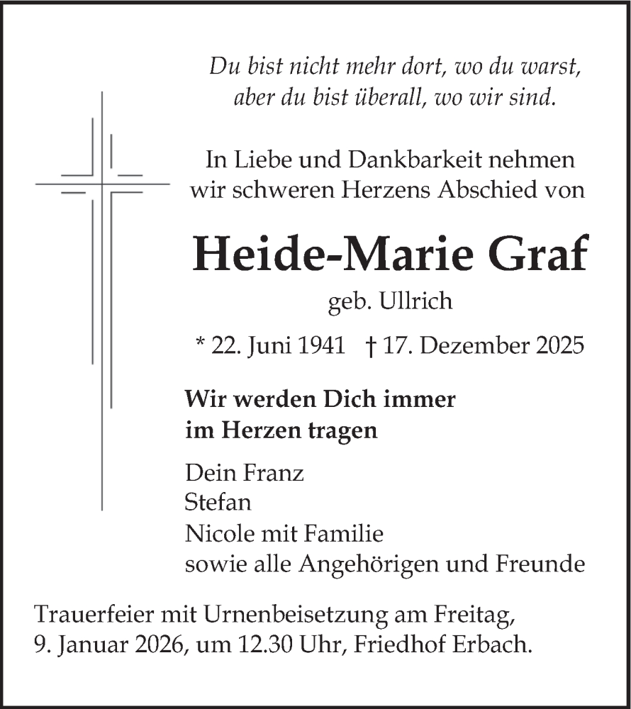  Traueranzeige für Heide-Marie Graf vom 03.01.2026 aus SÜDWEST PRESSE Ausgabe Ulm/Neu-Ulm