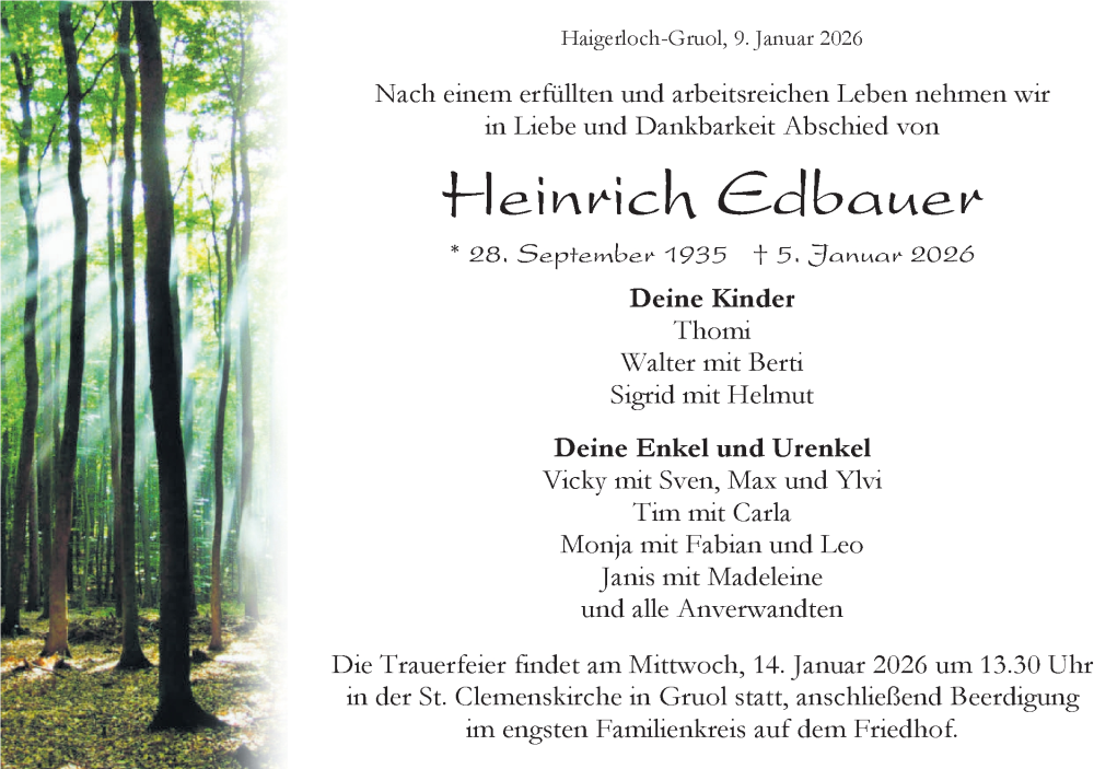  Traueranzeige für Heinrich Edbauer vom 09.01.2026 aus SÜDWEST PRESSE Zollernalbkreis/Hohenzollerische Zeitung