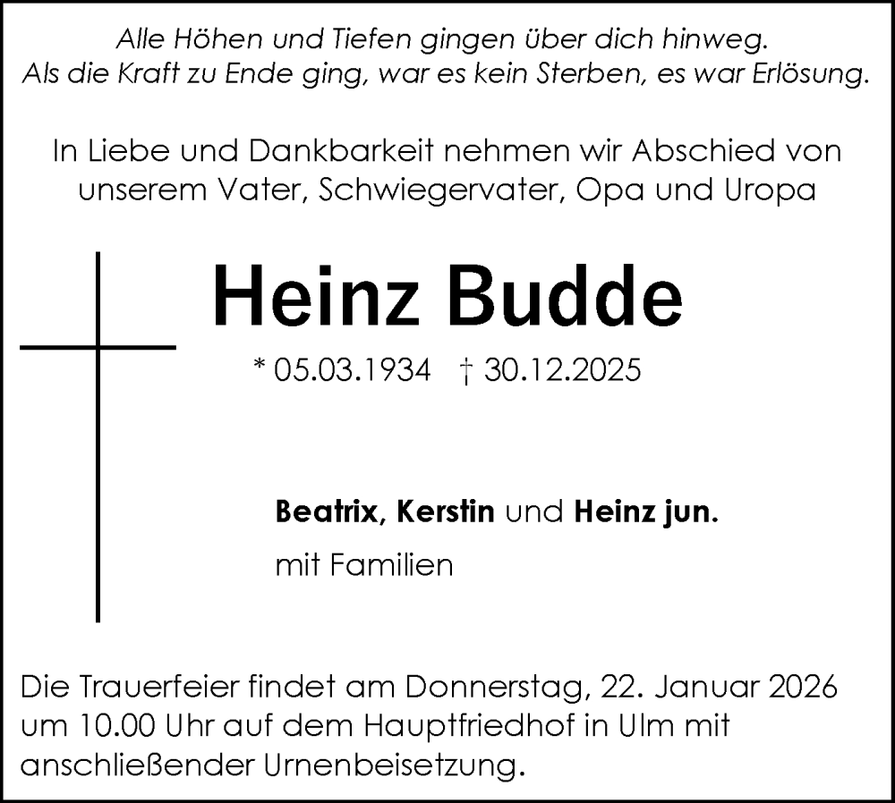  Traueranzeige für Heinz Budde vom 17.01.2026 aus SÜDWEST PRESSE Ausgabe Ulm/Neu-Ulm