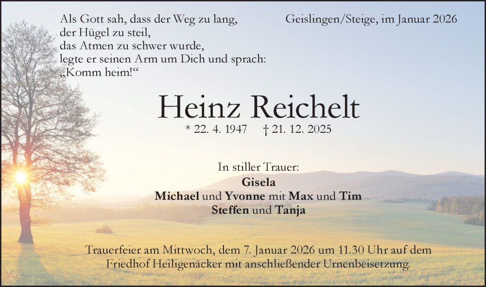  Traueranzeige für Heinz Reichelt vom 03.01.2026 aus Geislinger Zeitung