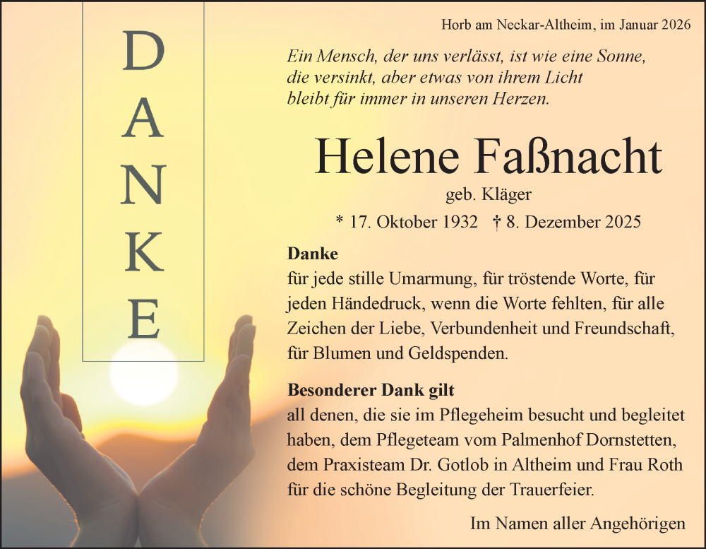  Traueranzeige für Helene Faßnacht vom 09.01.2026 aus Neckar-Chronik