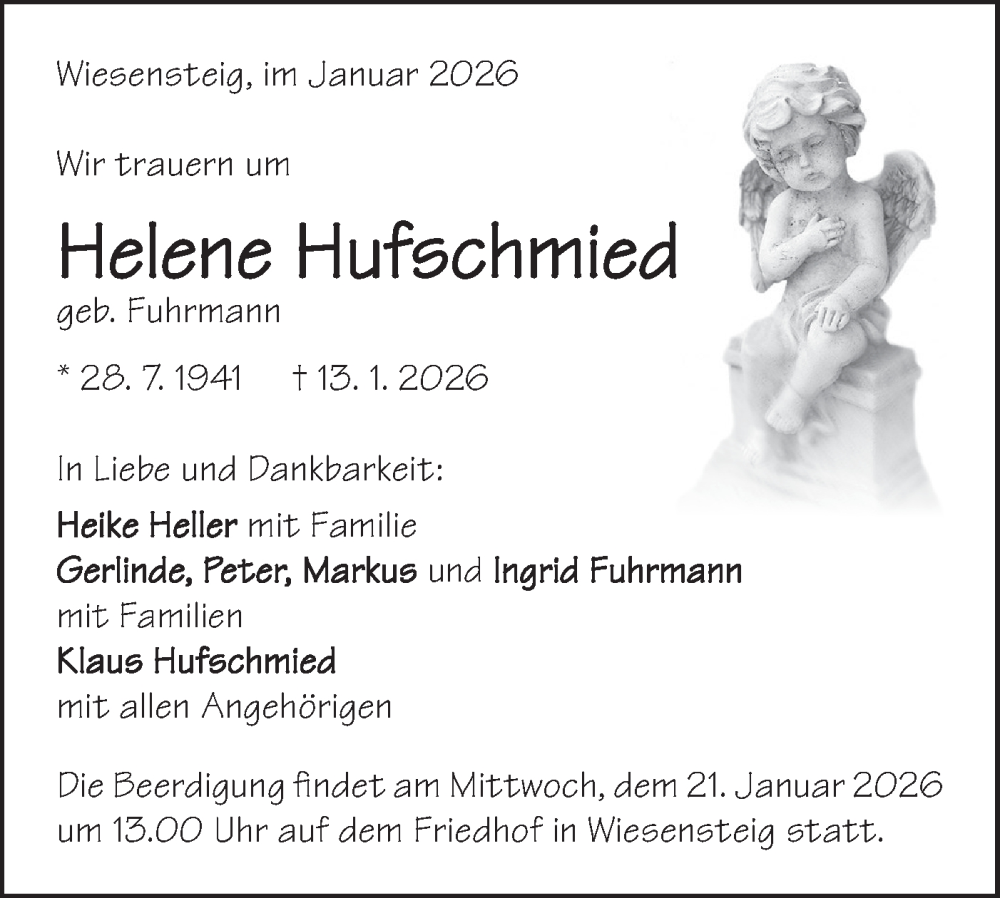  Traueranzeige für Helene Hufschmied vom 17.01.2026 aus Geislinger Zeitung