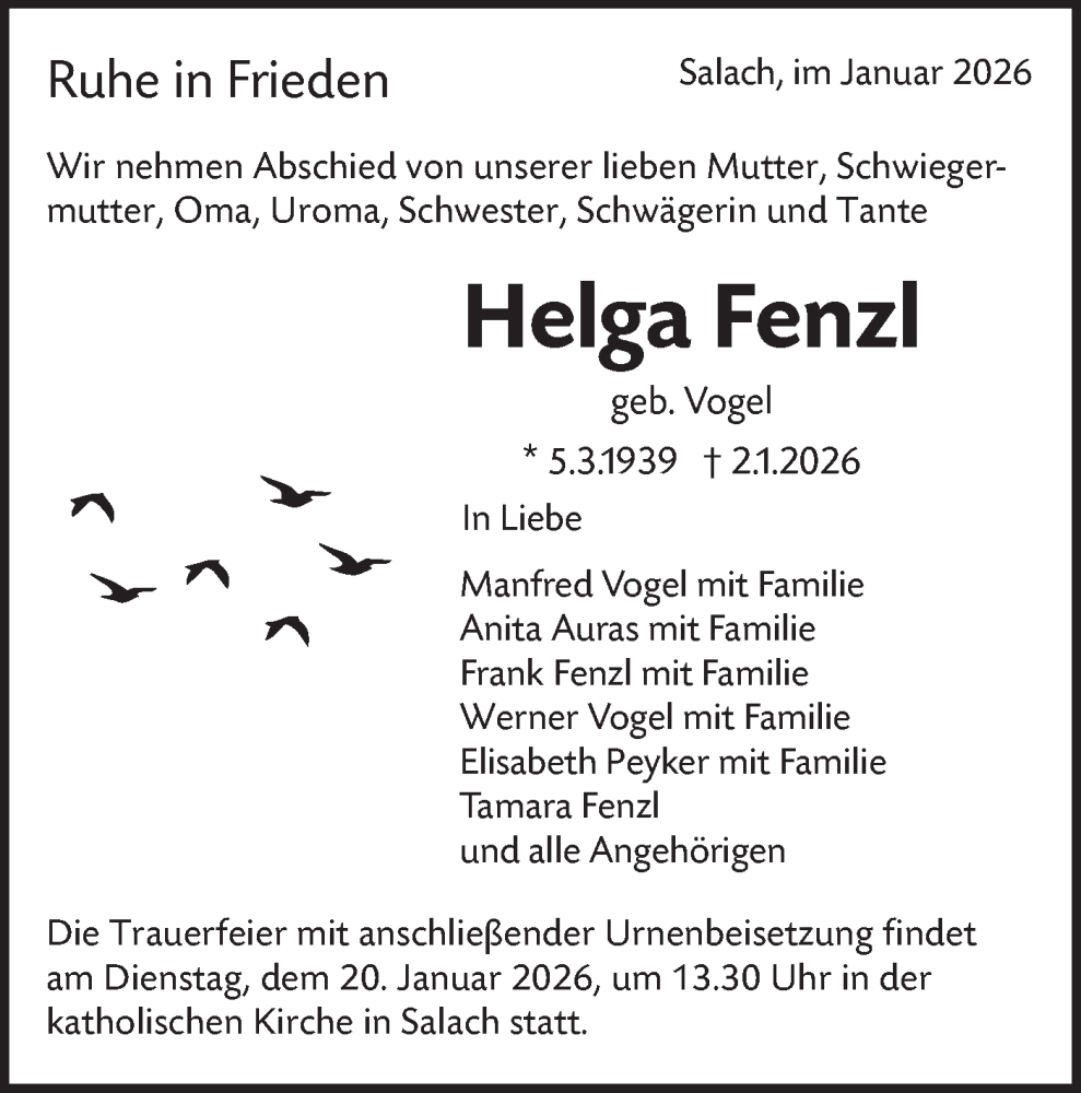  Traueranzeige für Helga Fenzl vom 15.01.2026 aus NWZ Neue Württembergische Zeitung