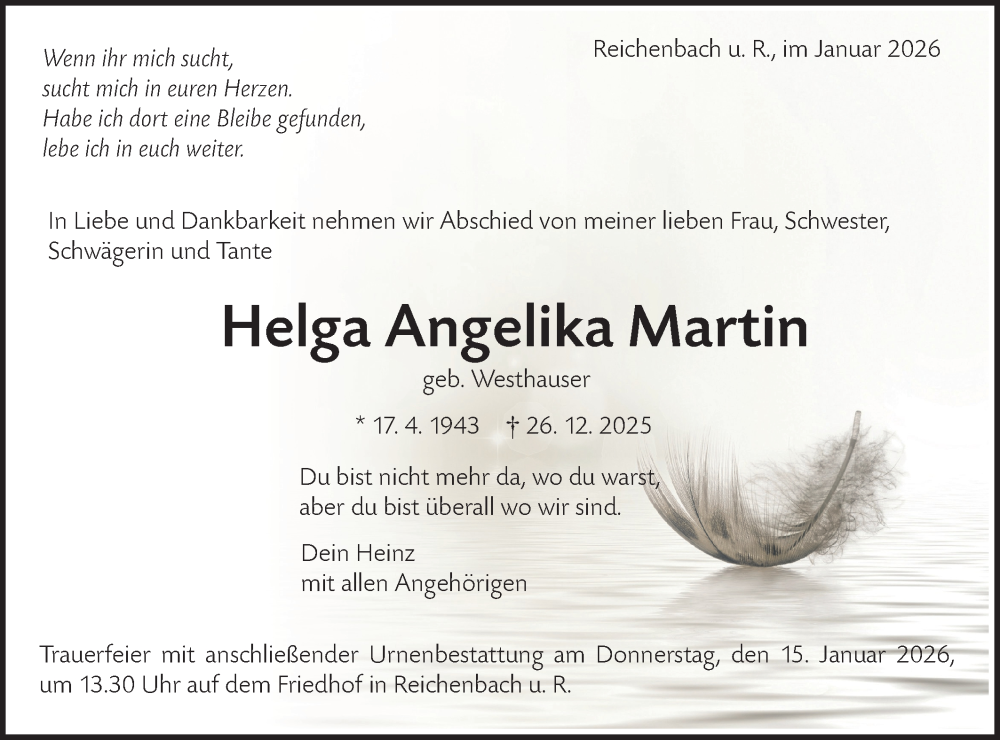  Traueranzeige für Helga Angelika Martin vom 10.01.2026 aus NWZ Neue Württembergische Zeitung