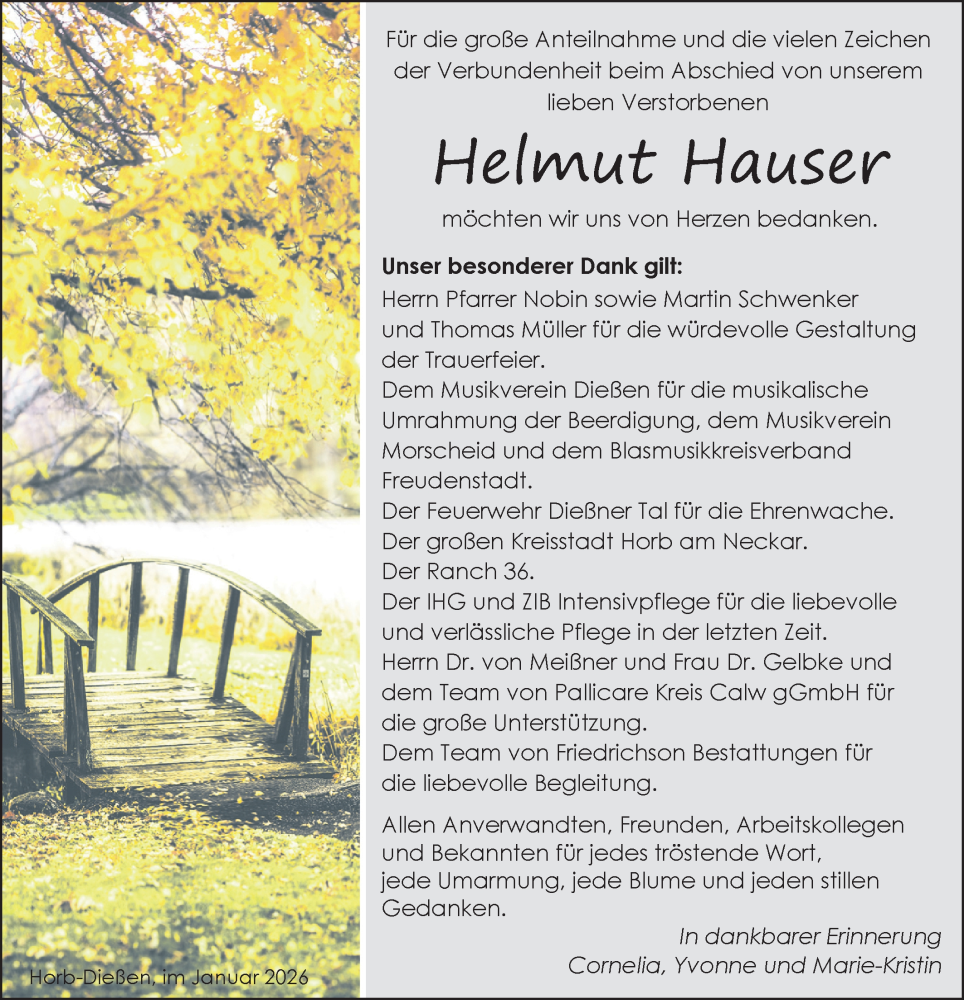  Traueranzeige für Helmut Hauser vom 10.01.2026 aus Neckar-Chronik