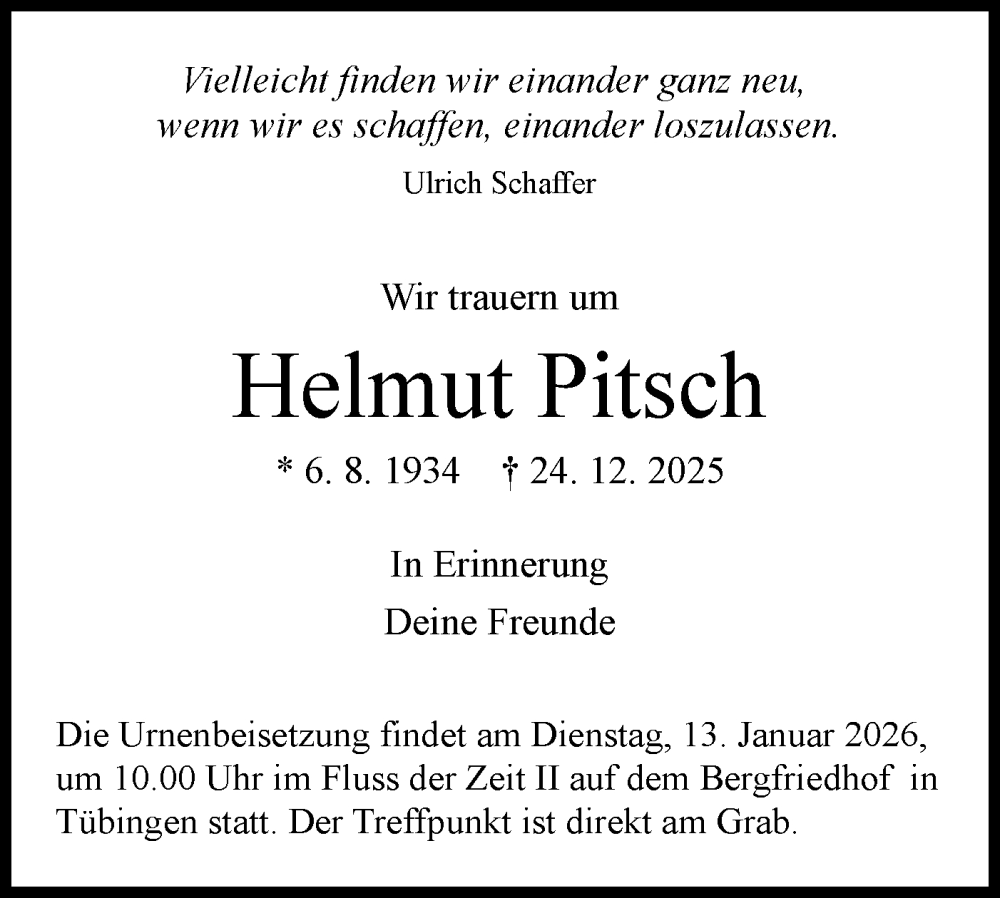  Traueranzeige für Helmut Pitsch vom 03.01.2026 aus Schwäbische Tagblatt