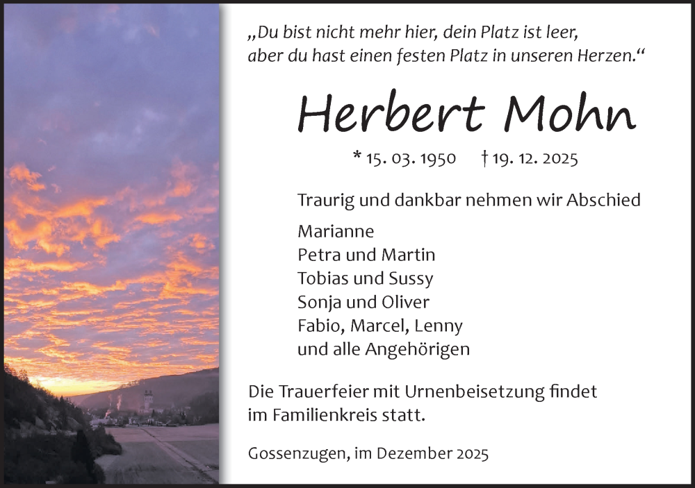  Traueranzeige für Herbert Mohn vom 03.01.2026 aus Alb-Bote/Metzinger-Uracher Volksblatt