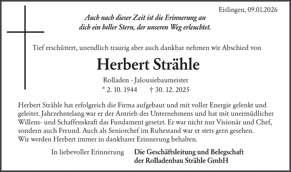  Traueranzeige für Herbert Strähle vom 09.01.2026 aus NWZ Neue Württembergische Zeitung