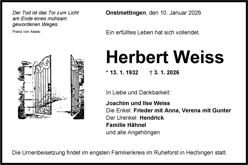  Traueranzeige für Herbert Weiss vom 10.01.2026 aus SÜDWEST PRESSE Zollernalbkreis/Hohenzollerische Zeitung