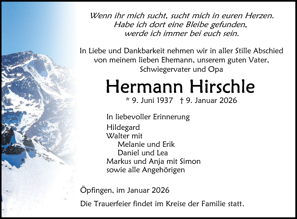  Traueranzeige für Hermann Hirschle vom 17.01.2026 aus SÜDWEST PRESSE Ausgabe Ulm/Neu-Ulm