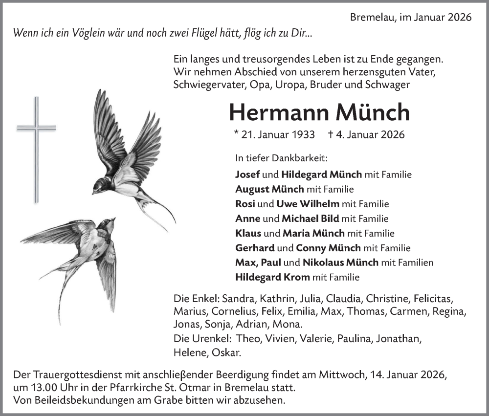  Traueranzeige für Hermann Münch vom 10.01.2026 aus Alb-Bote/Metzinger-Uracher Volksblatt