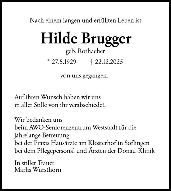 Traueranzeige von Hilde Brugger von SÜDWEST PRESSE Ausgabe Ulm/Neu-Ulm