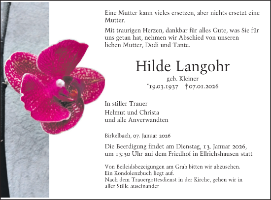 Traueranzeige von Hilde Langohr von Hohenloher Tagblatt