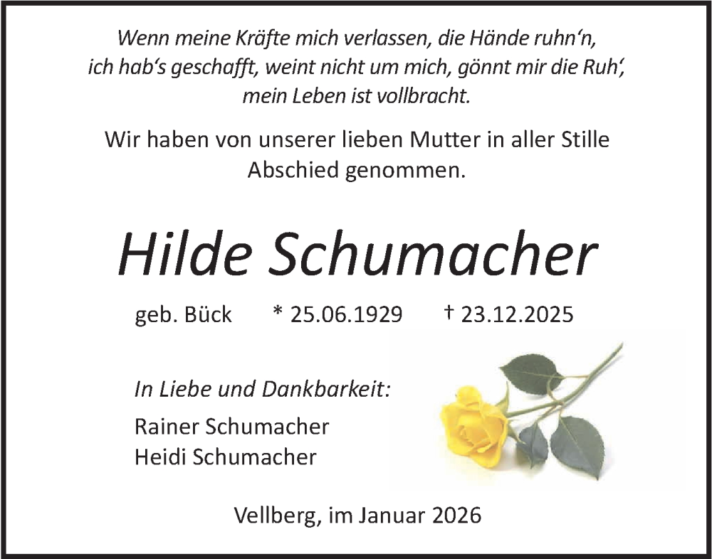  Traueranzeige für Hilde Schumacher vom 15.01.2026 aus Haller Tagblatt