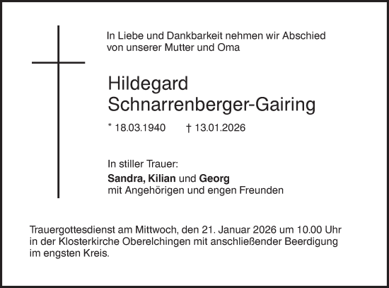 Traueranzeige von Hildegard Schnarrenberger-Gairing von SÜDWEST PRESSE Ausgabe Ulm/Neu-Ulm
