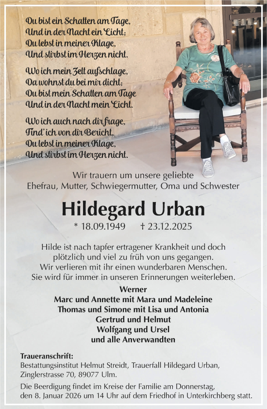 Traueranzeige von Hildegard Urban von SÜDWEST PRESSE Ausgabe Ulm/Neu-Ulm