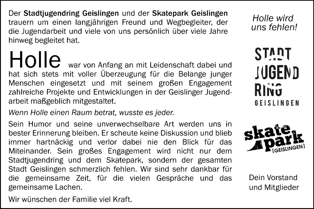  Traueranzeige für Holger Schrag vom 24.01.2026 aus Geislinger Zeitung