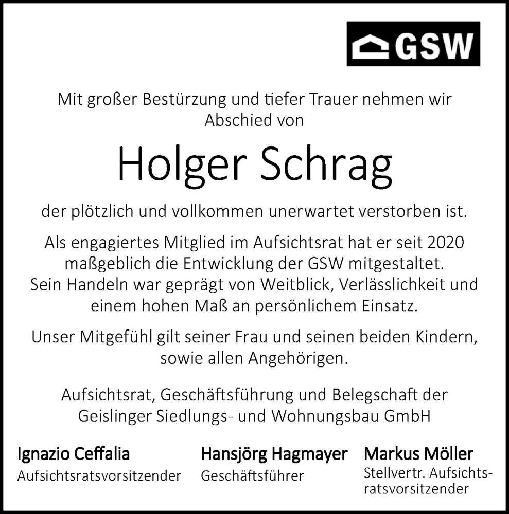  Traueranzeige für Holger Schrag vom 24.01.2026 aus Geislinger Zeitung