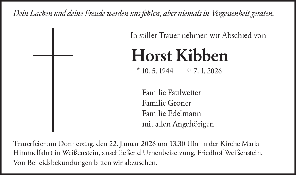  Traueranzeige für Horst Kibben vom 17.01.2026 aus NWZ Neue Württembergische Zeitung/Geislinger Zeitung