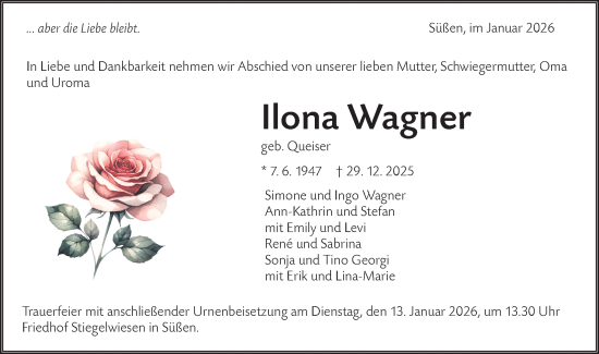 Traueranzeige von Ilona Wagner von NWZ Neue Württembergische Zeitung
