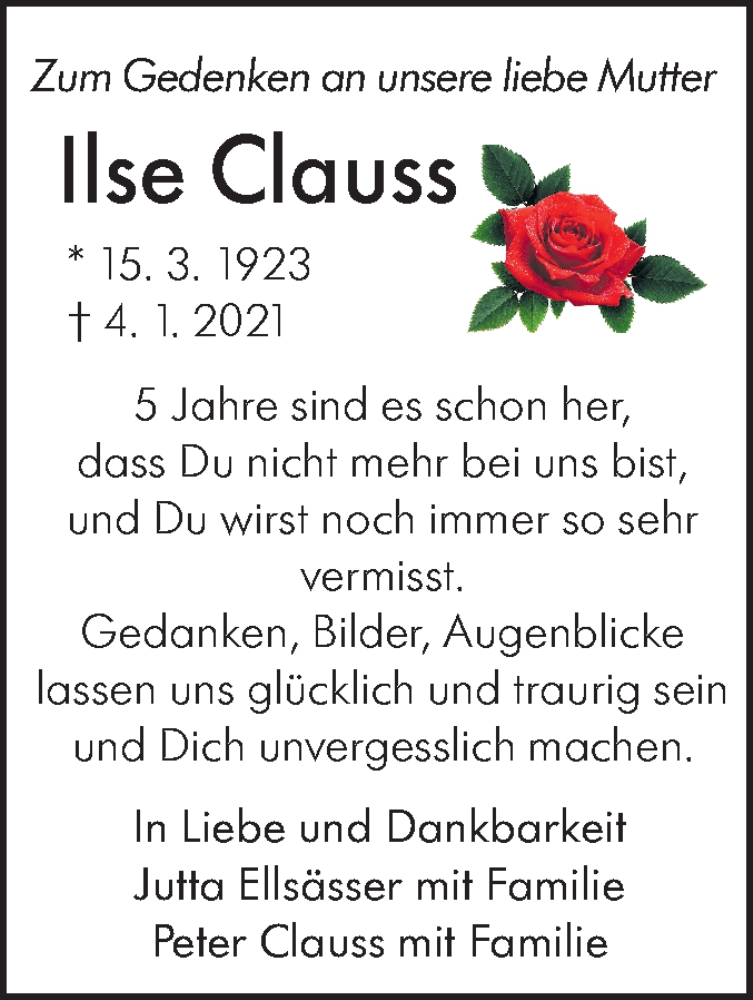  Traueranzeige für Ilse Clauss vom 03.01.2026 aus Schwäbische Tagblatt