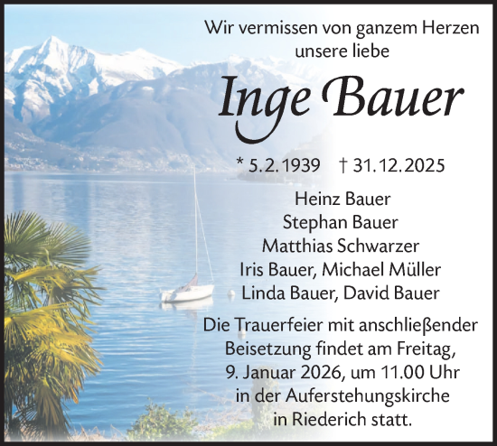 Traueranzeige von Inge Bauer von Alb-Bote/Metzinger-Uracher Volksblatt