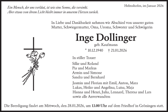 Traueranzeige von Inge Dollinger von Hohenloher Tagblatt
