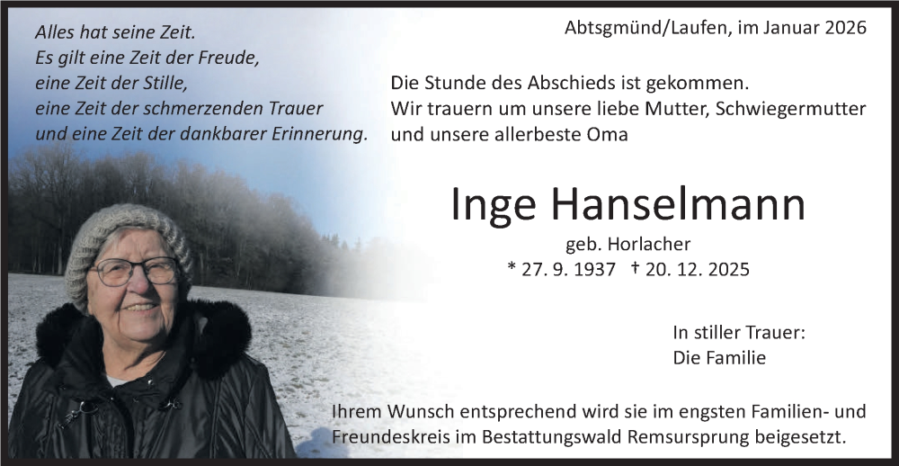  Traueranzeige für Inge Hanselmann vom 09.01.2026 aus Rundschau Gaildorf
