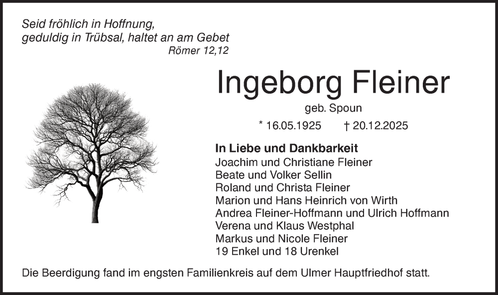 Traueranzeige für Ingeborg Fleiner vom 03.01.2026 aus SÜDWEST PRESSE Ausgabe Ulm/Neu-Ulm